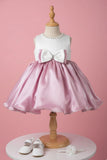 White & Pink Satin Party Frock with Pearl Neckline and Bow Accent For Girls
