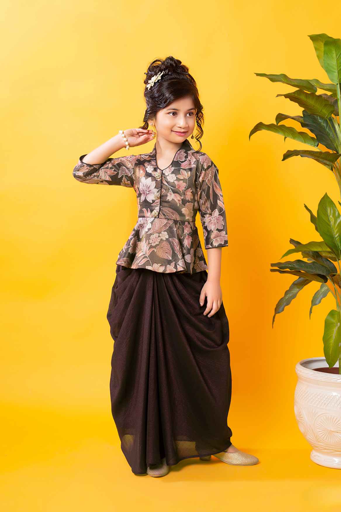 Wine Printed Top With Dhoti Bottom Set For Girls