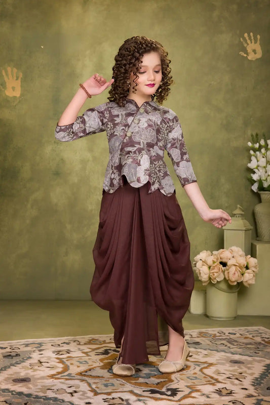 Mocha Brown Draped Indo-Western Dhoti Set with Floral Peplum Top For Girls