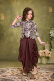 Mocha Brown Draped Indo-Western Dhoti Set with Floral Peplum Top For Girls