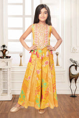 Mustard Printed Embroidered And Mirror Work Palazzo Set For Girls