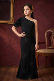 Girls Black One Shoulder Embellished Party Gown