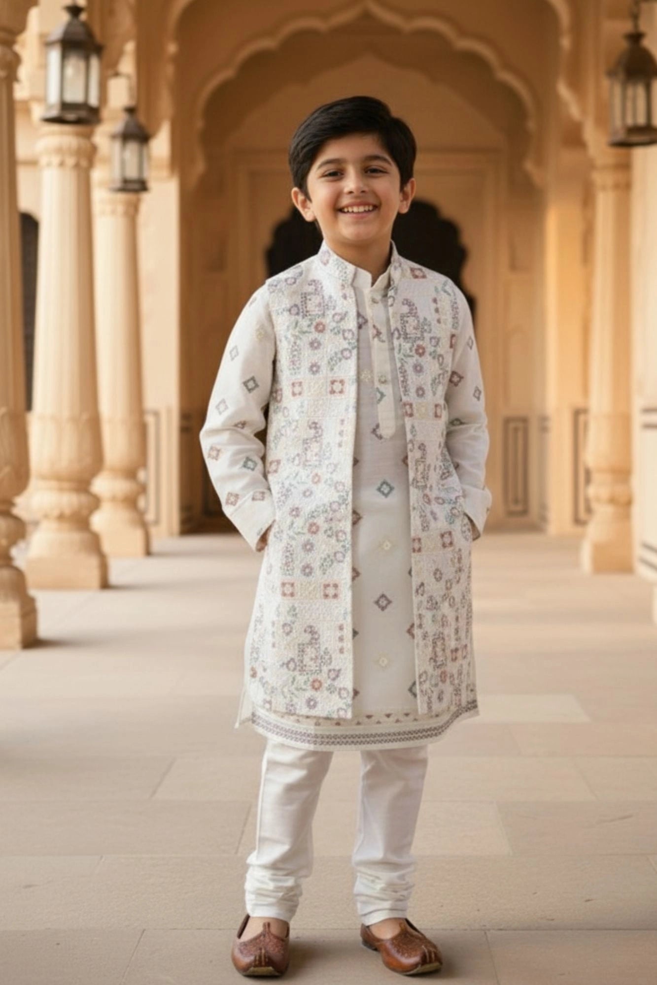 Cream Embroidered Sherwani Set with Jacket For Boys