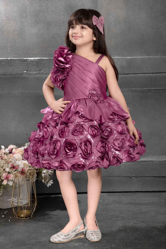 Wine Sequin Designer Party Frock With Flower Embellishments For Girls