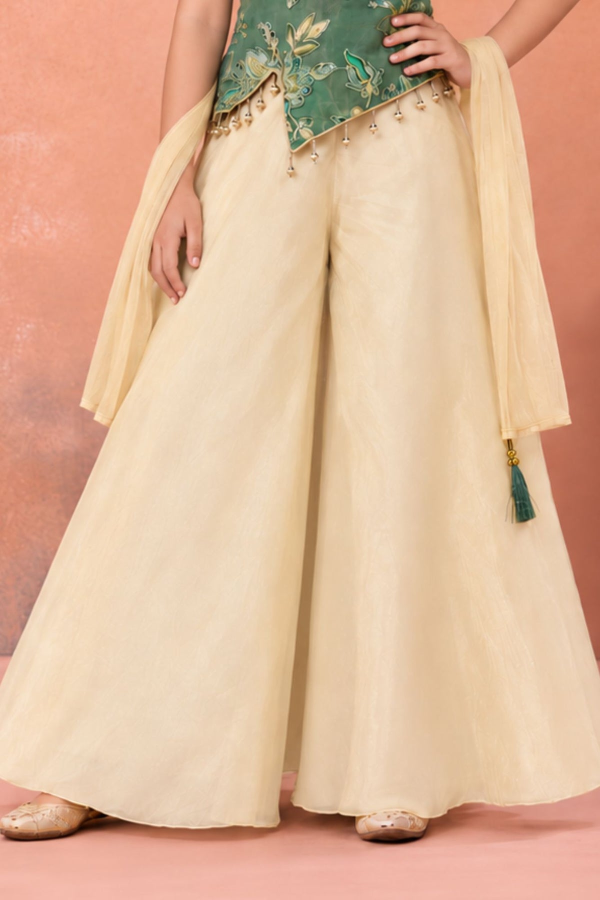 Green Embroidered Top with Ivory Palazzo Set And Dupatta For Girls