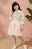 Beige Floral Embroidered Midi Dress For Girls
