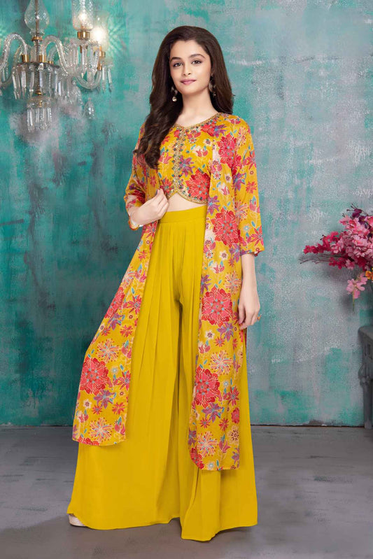 Yellow Floral Printed And Sequined Palazzo Set With Overcoat For Girls