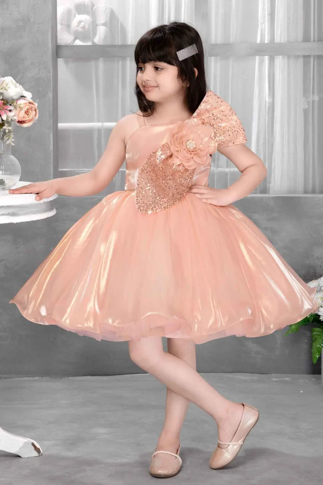 Peach Shimmer Party Frock with Sequin Bow and 3D Flower Detail For Girls