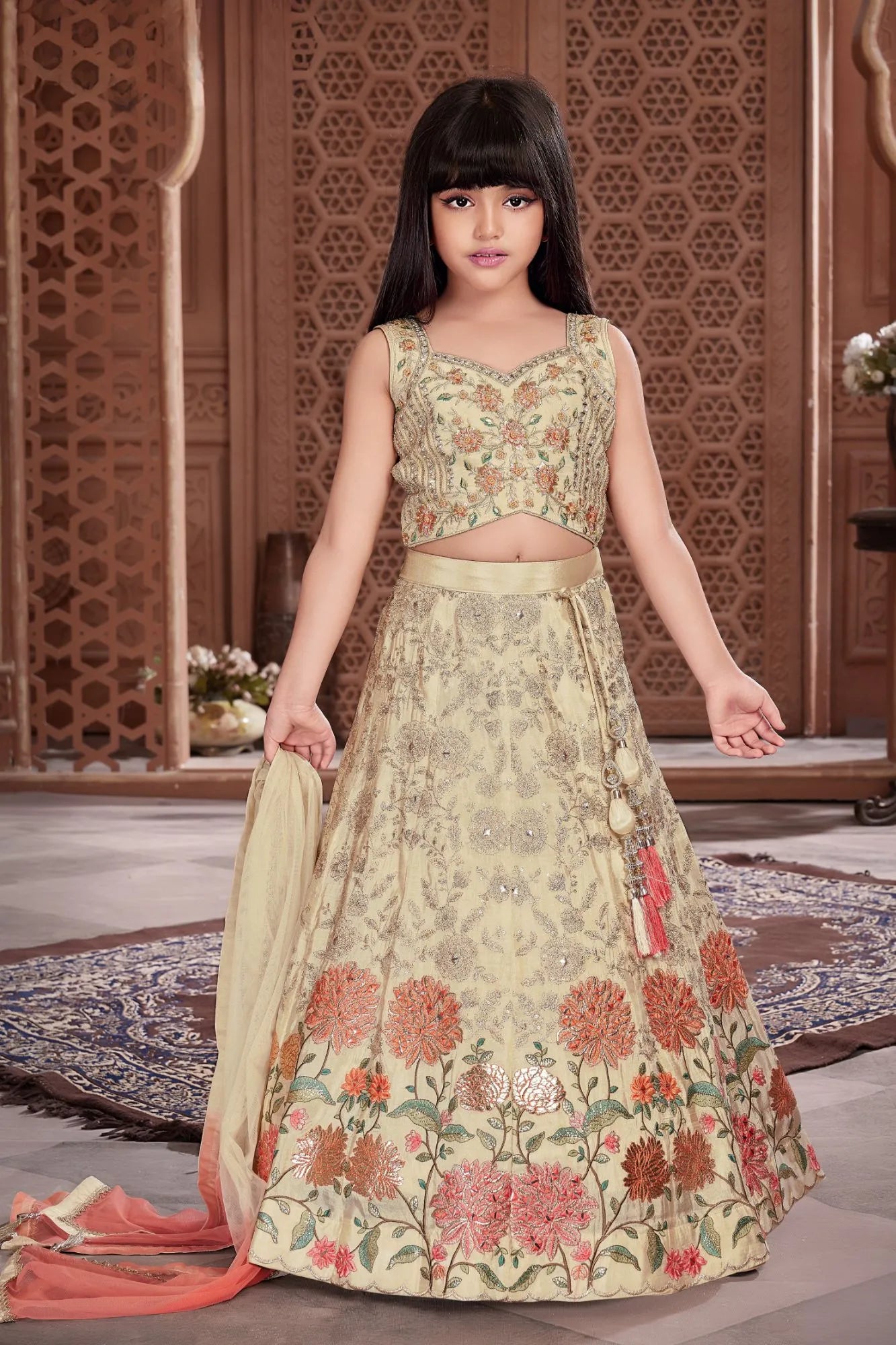 Cream Floral Embroidered Lehenga Choli Set with Dupatta For Girls