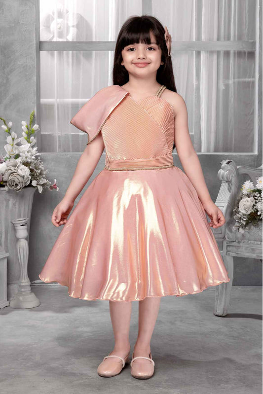 Shimmery Pink One-Shoulder Party Wear Frock With Draped Detail For Girls