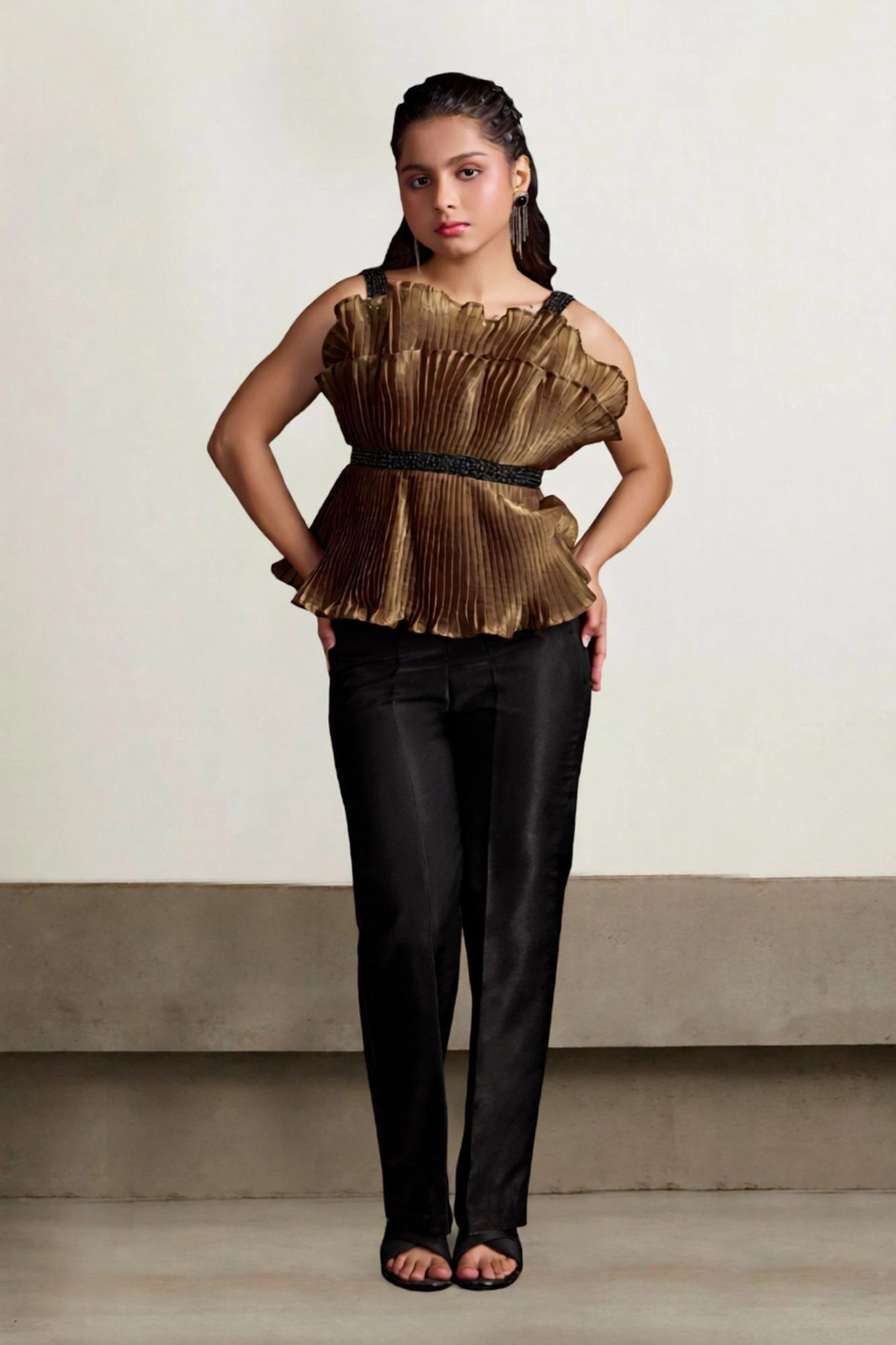 Metallic Gold Pleated Top with Pants For Girls