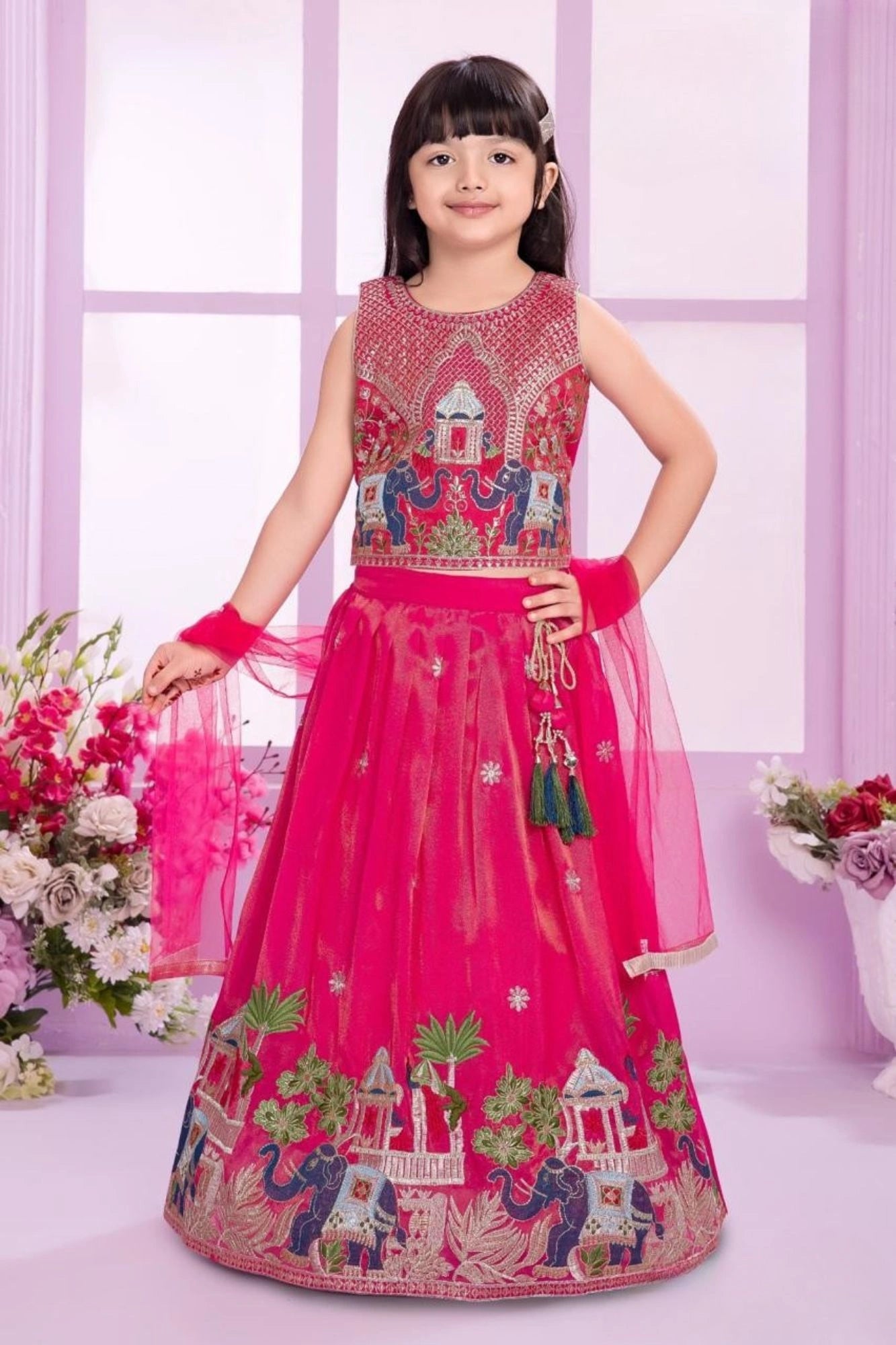 Pink Embroidered Lehenga Choli Set with Dupatta & Tassel Detail For Girls