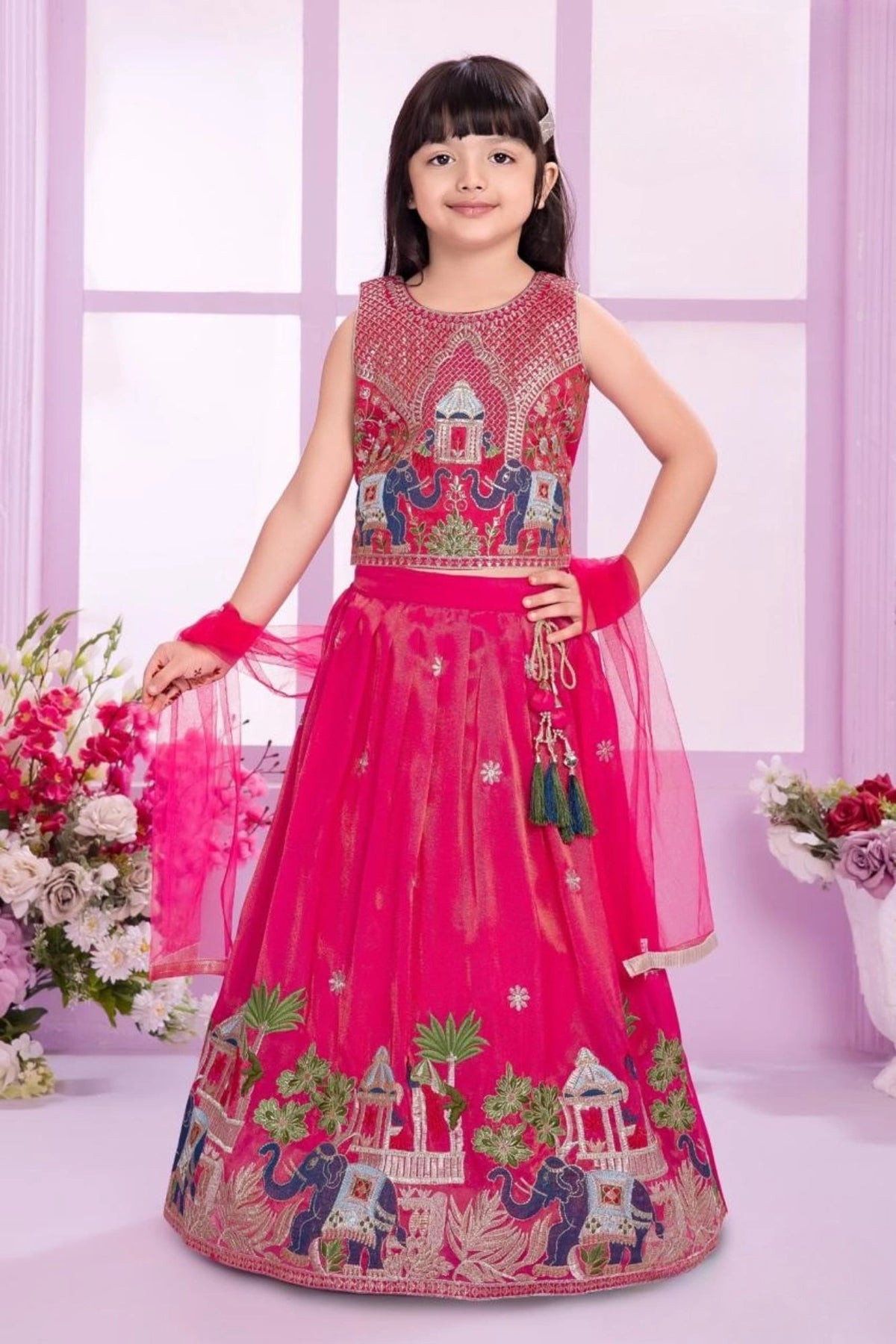 Pink Embroidered Lehenga Choli Set with Dupatta & Tassel Detail For Girls