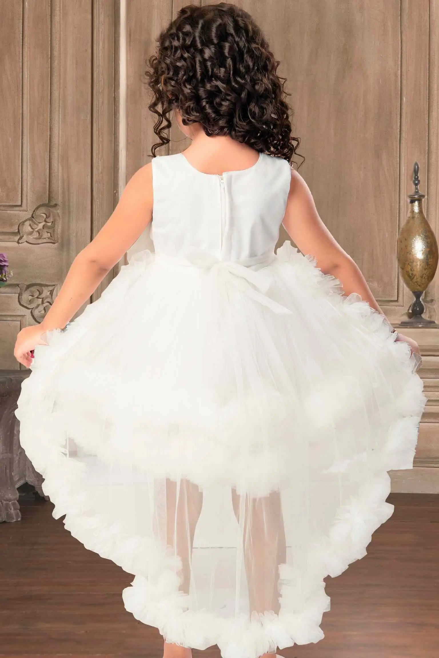 White Net Multilayer With Ruffle Frock For Girls