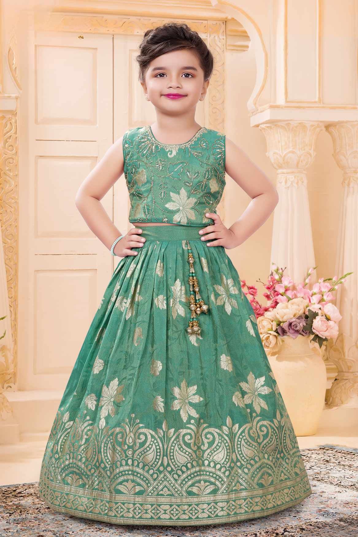 Green Floral Brocade Lehenga Choli Set For Girls