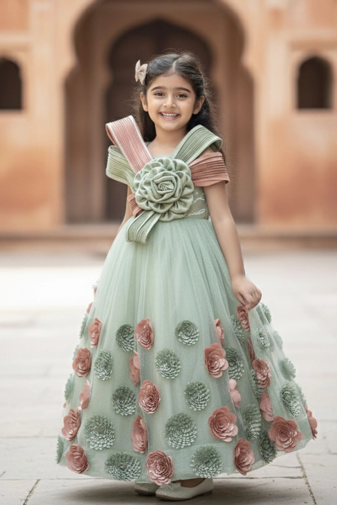 Dreamy Pastel Green & Dusty Pink 3D Floral Embellished Party Gown For Girls