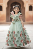 Dreamy Pastel Green & Dusty Pink 3D Floral Embellished Party Gown For Girls