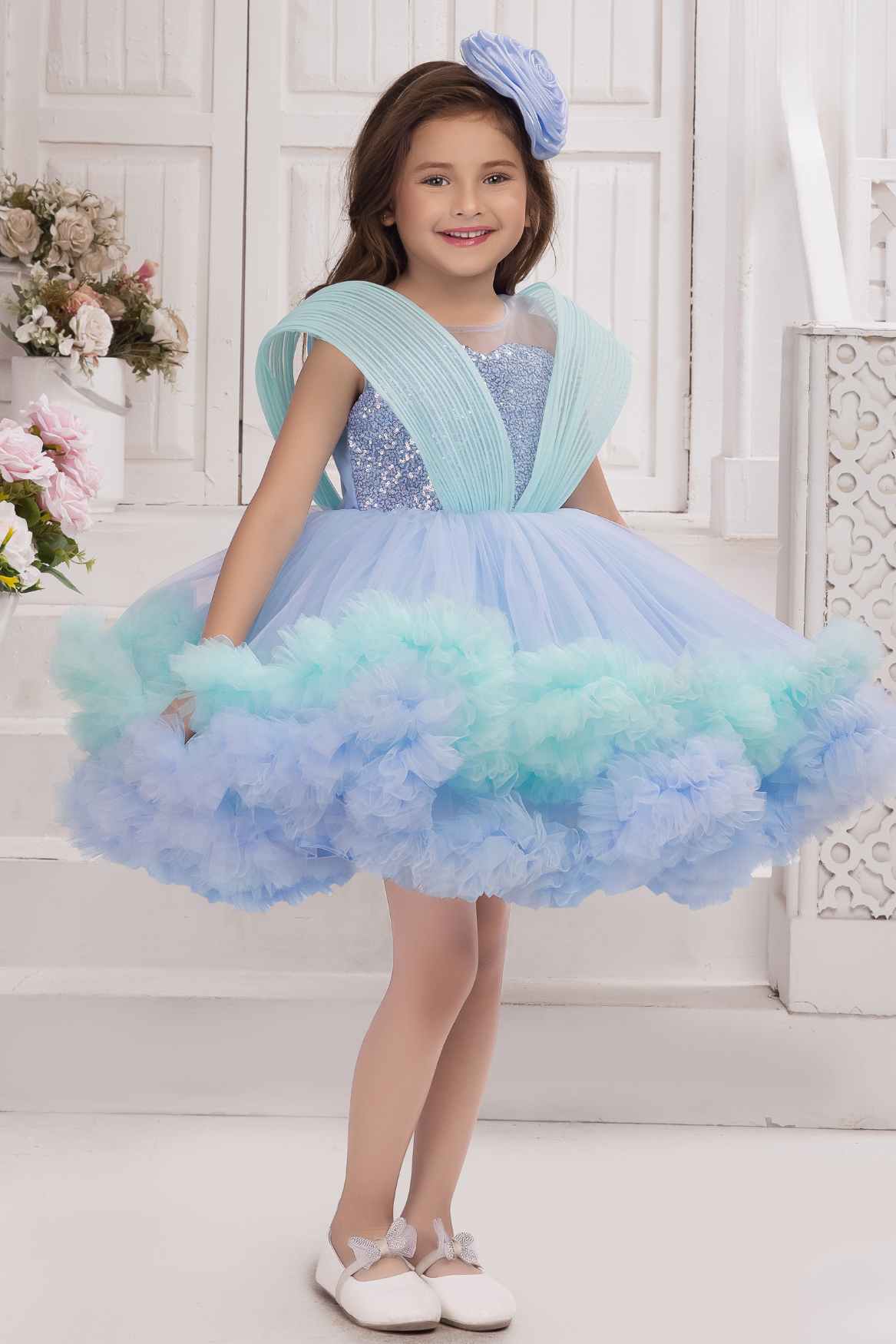 Blue Ruffle Party Frock with Sequins Embellishment For Girls