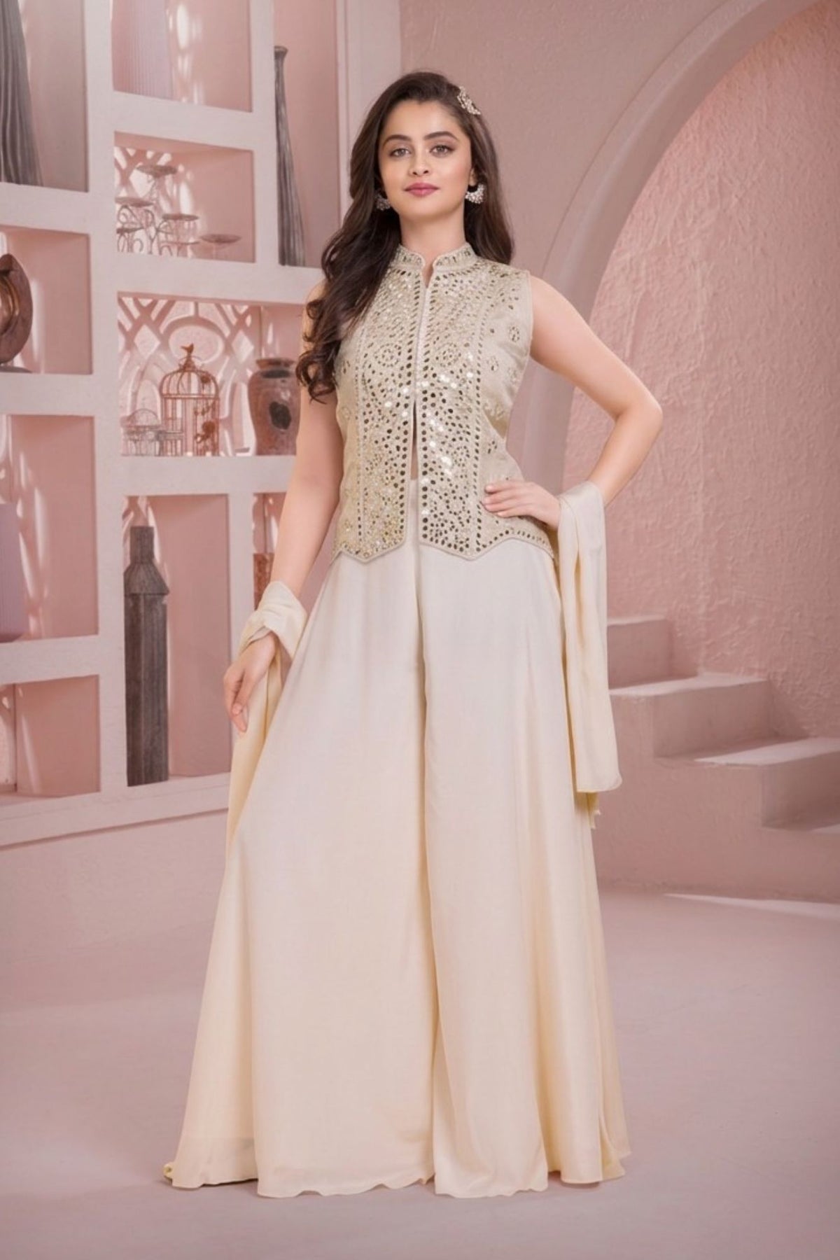 Cream Mirror Embellished Palazzo Set With Dupatta