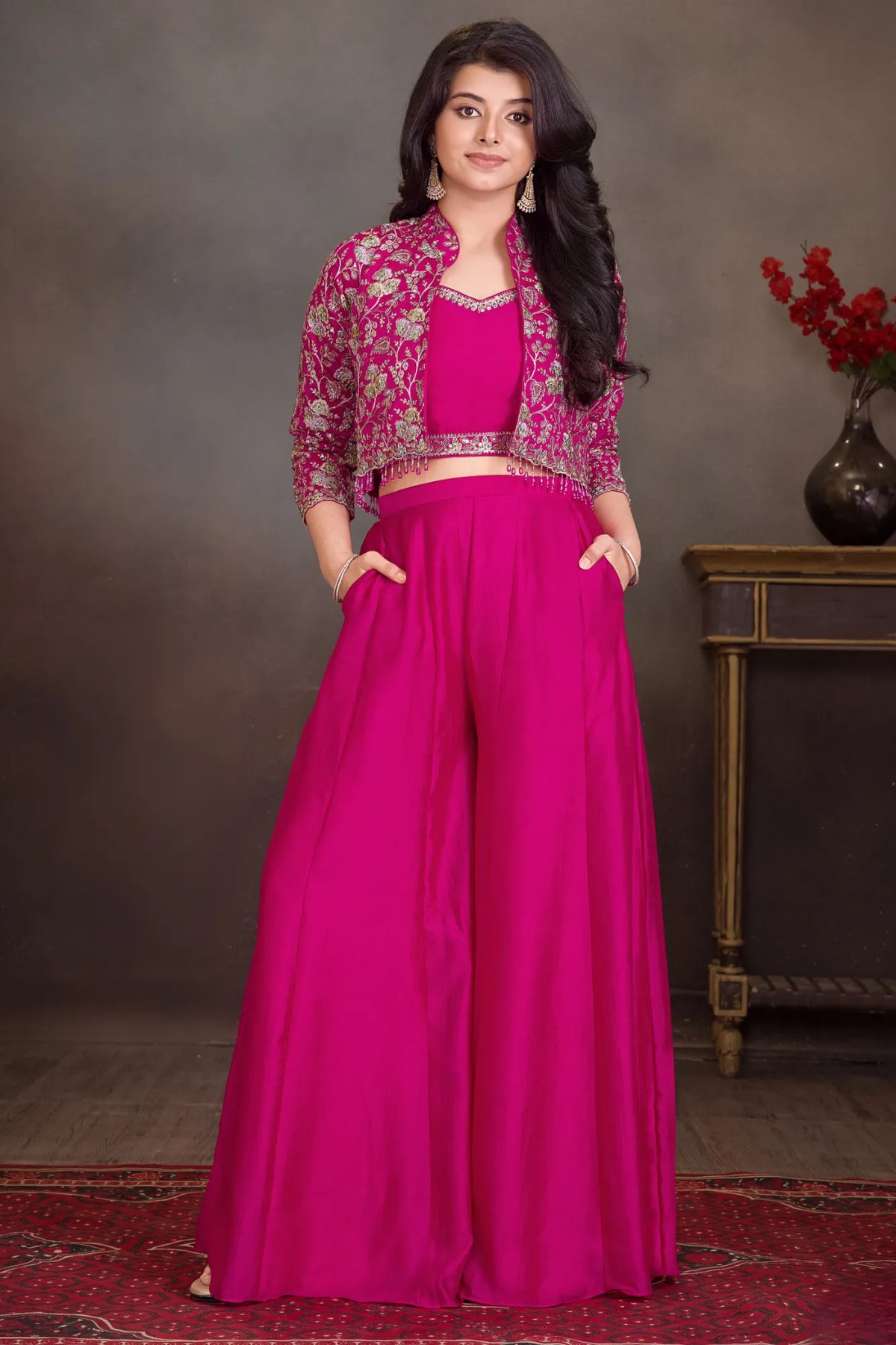 Rani Pink Embroidered Palazzo Set with Crop Top & Jacket For Girls