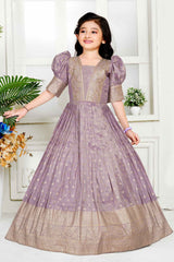 Ethnic Lavender Puff Sleeves With Bead Embroidered Gown For Girls