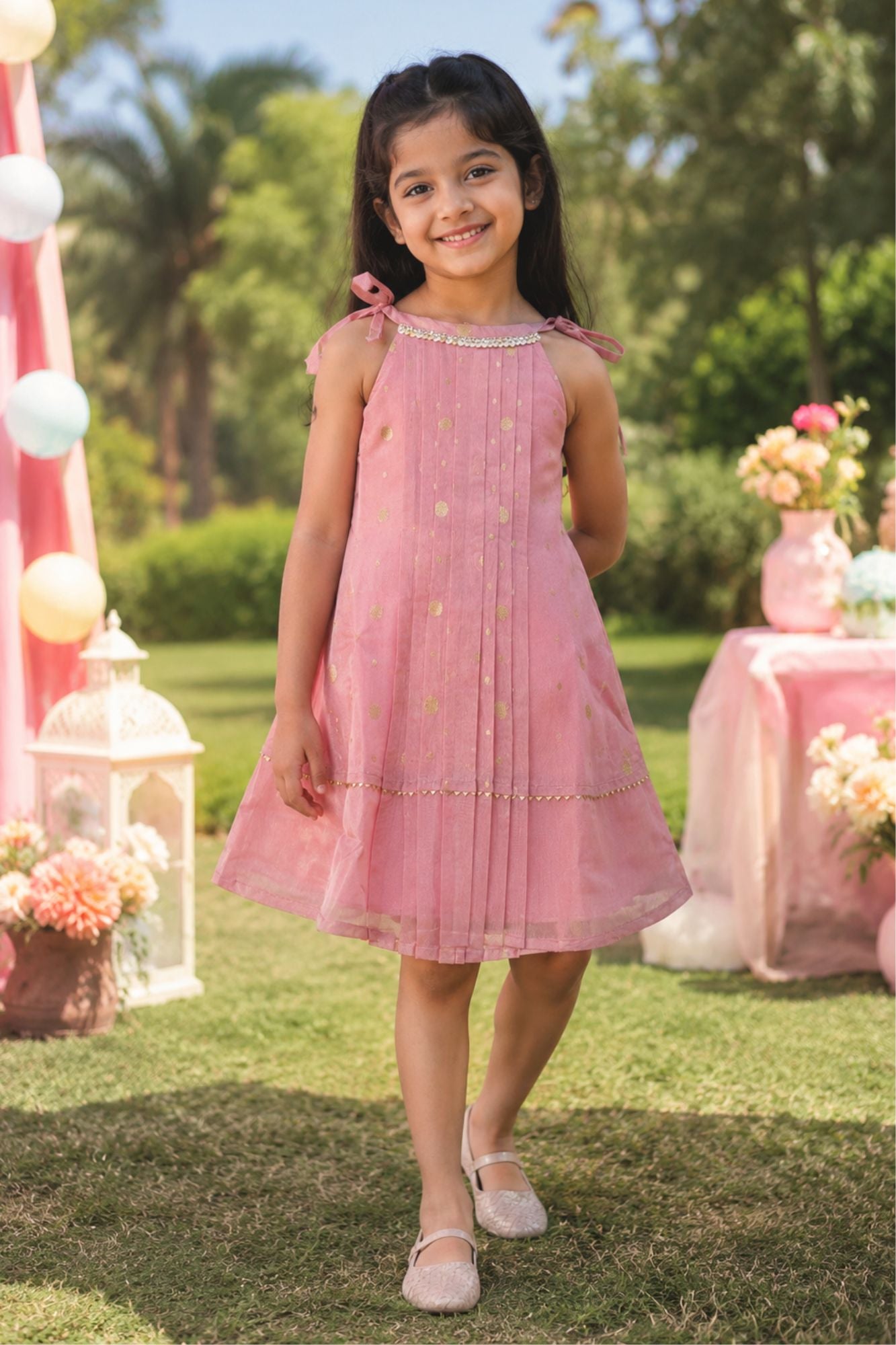 Girls Pink Sleeveless Dress with Pintuck Pleats
