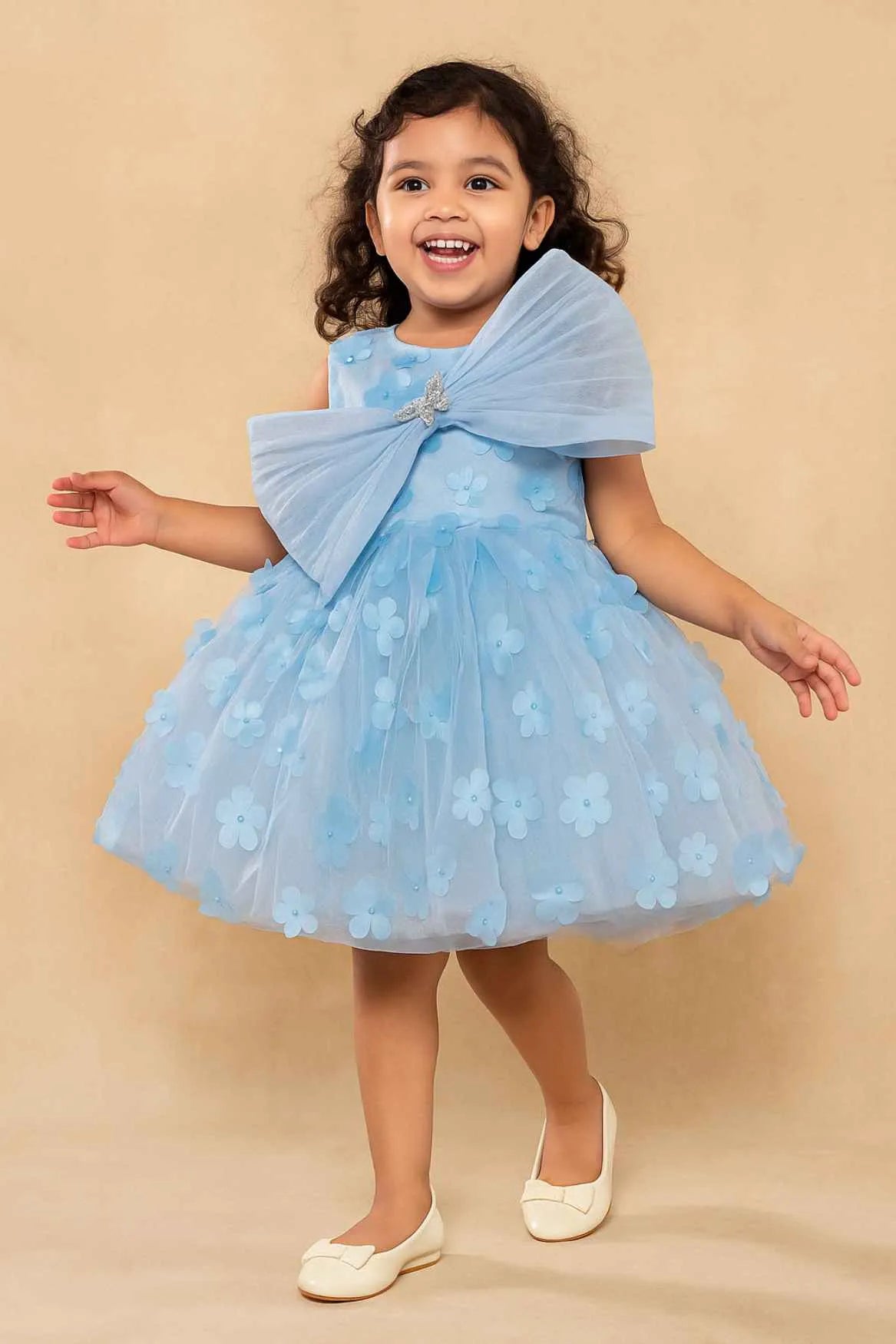 Blue 3D Floral Embellishments Party Wear Frock For Girls