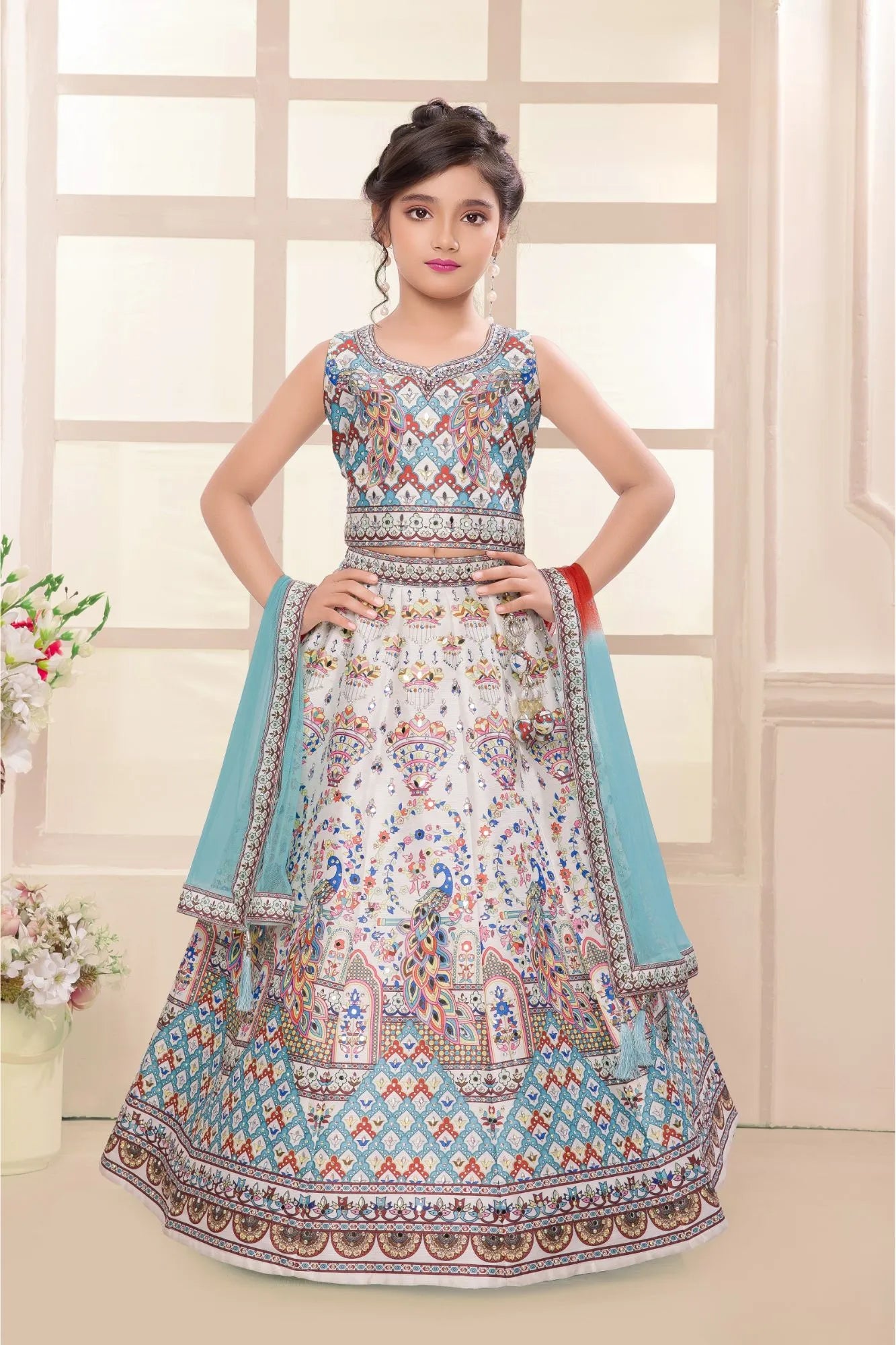 Ivory Multicolor Peacock Printed Lehenga Choli Set For Girls