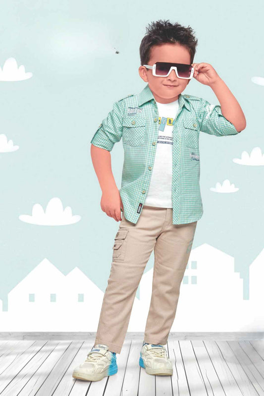 Green Checked Shirt And Fawn Pant With T Shirt Set For Boys