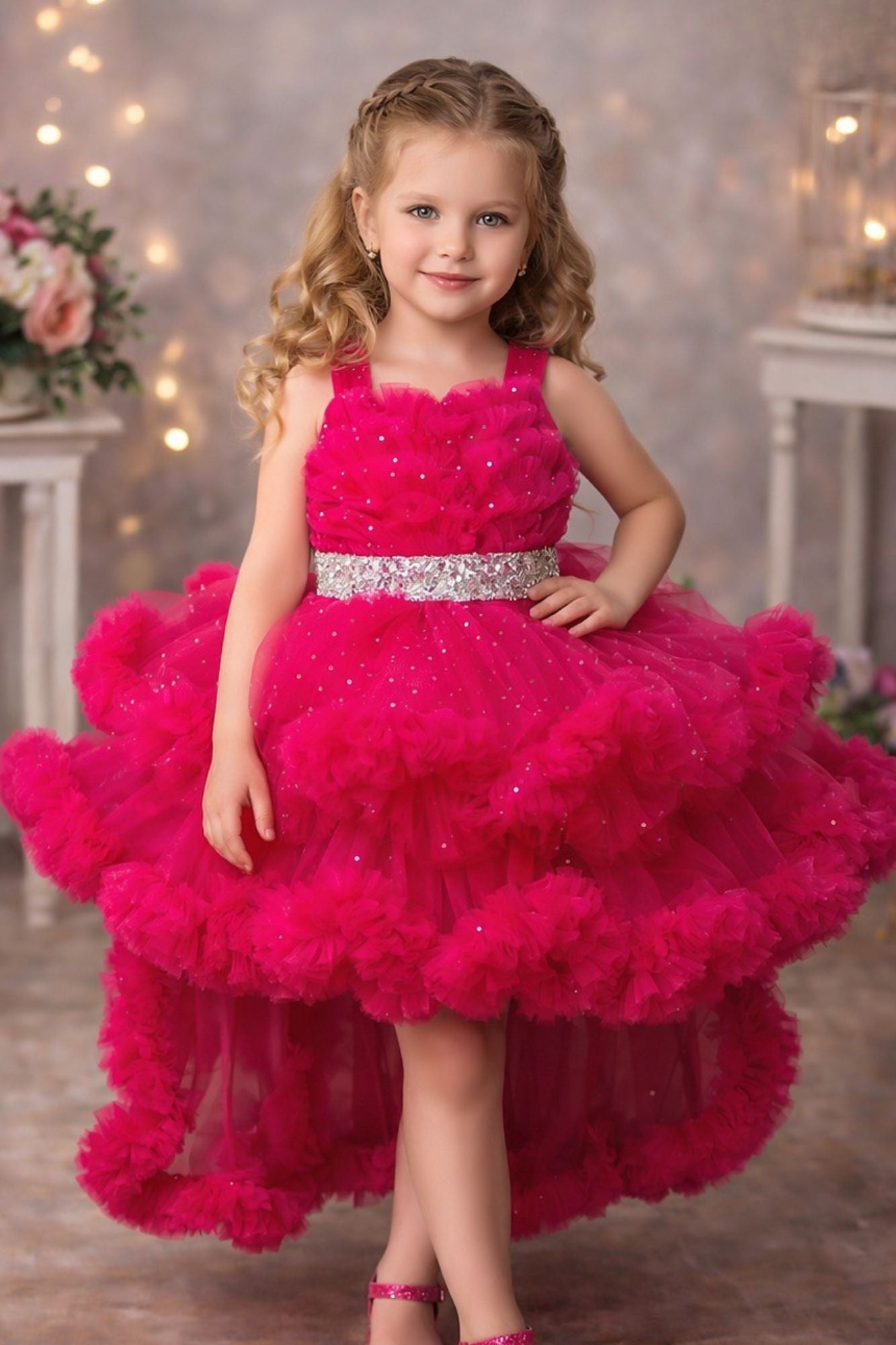 Girls Rani Pink High-Low Party Frock with Ruffled Layers And Embellished Waistbelt