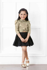 Golden Top And Sequined Skirt With Puffed Sleeves Set For Girls