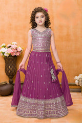 Dark Magenta Sequins Work And Zari Embroidered Lehenga Choli For Girls