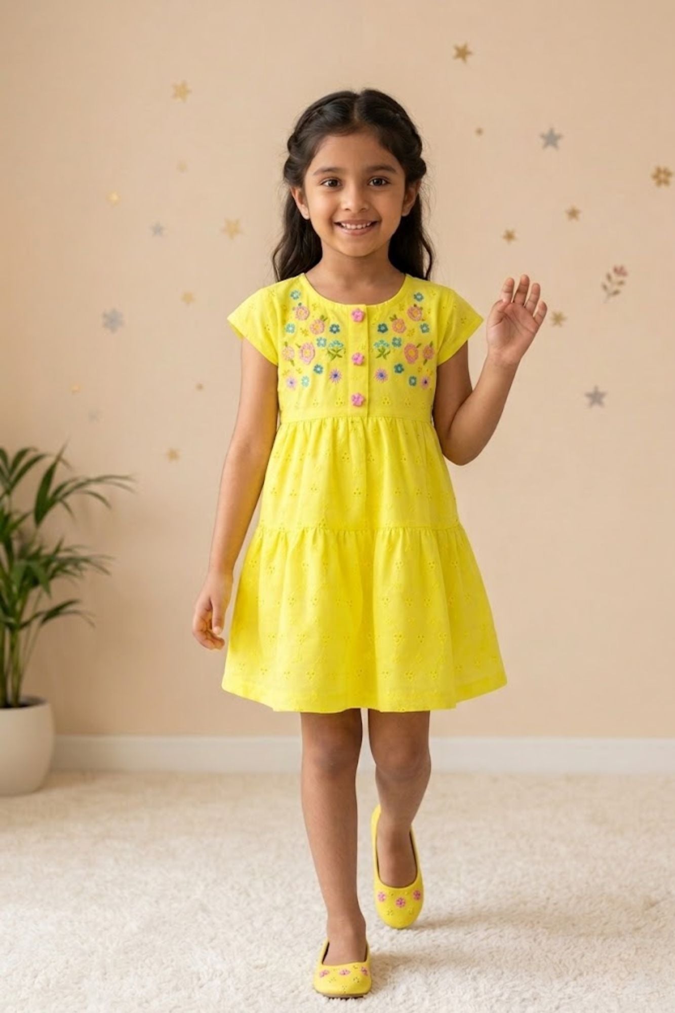 Elegant Yellow Hakoba And Embroidered Frock For Girls