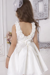 White Embellished Satin Frock With Floral For Girls