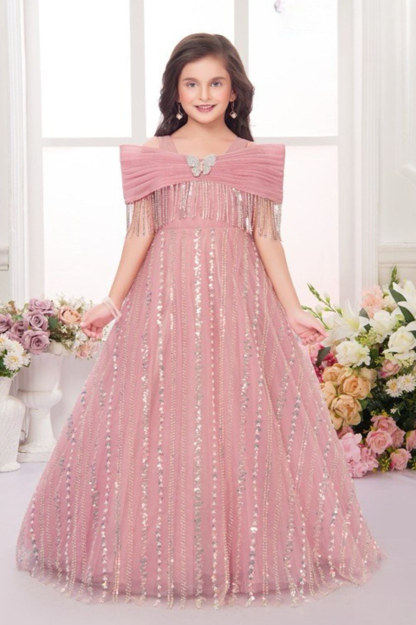 Dusty Pink Net Embroidered Princess Gown For Girls