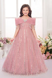 Dusty Pink Net Embroidered Princess Gown For Girls