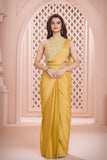 Designer Mustard Yellow Pre Draped Saree with Embellished Blouse For Girls