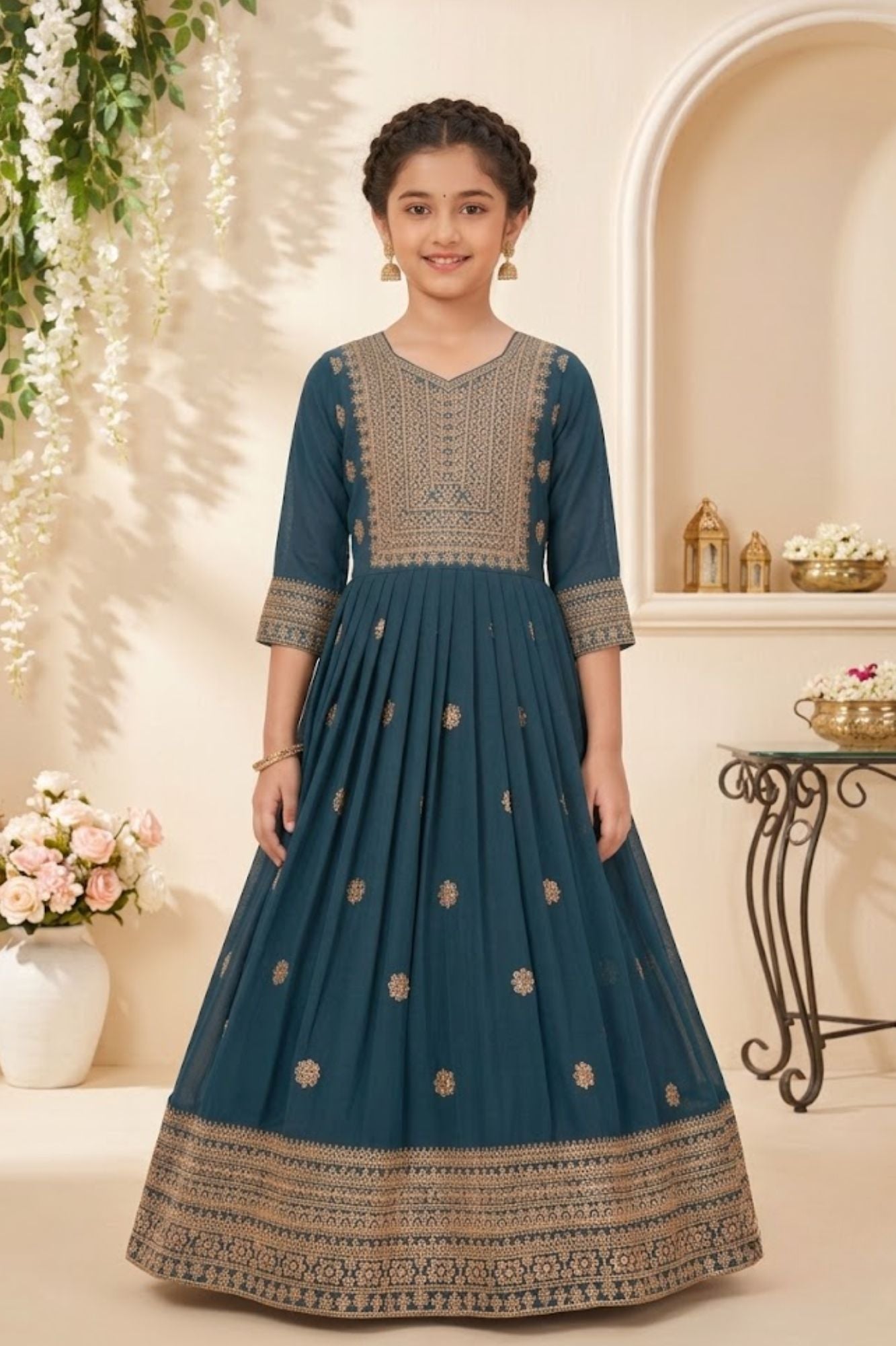 Teal Embroidered Anarkali Ethnic Gown with Dupatta For Girls