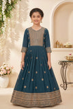Teal Embroidered Anarkali Ethnic Gown with Dupatta For Girls