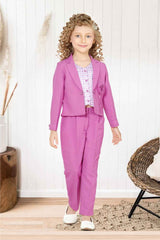 Stylish Lavender Blazer And Pant With Houndstooth Printed Top Set For Girls