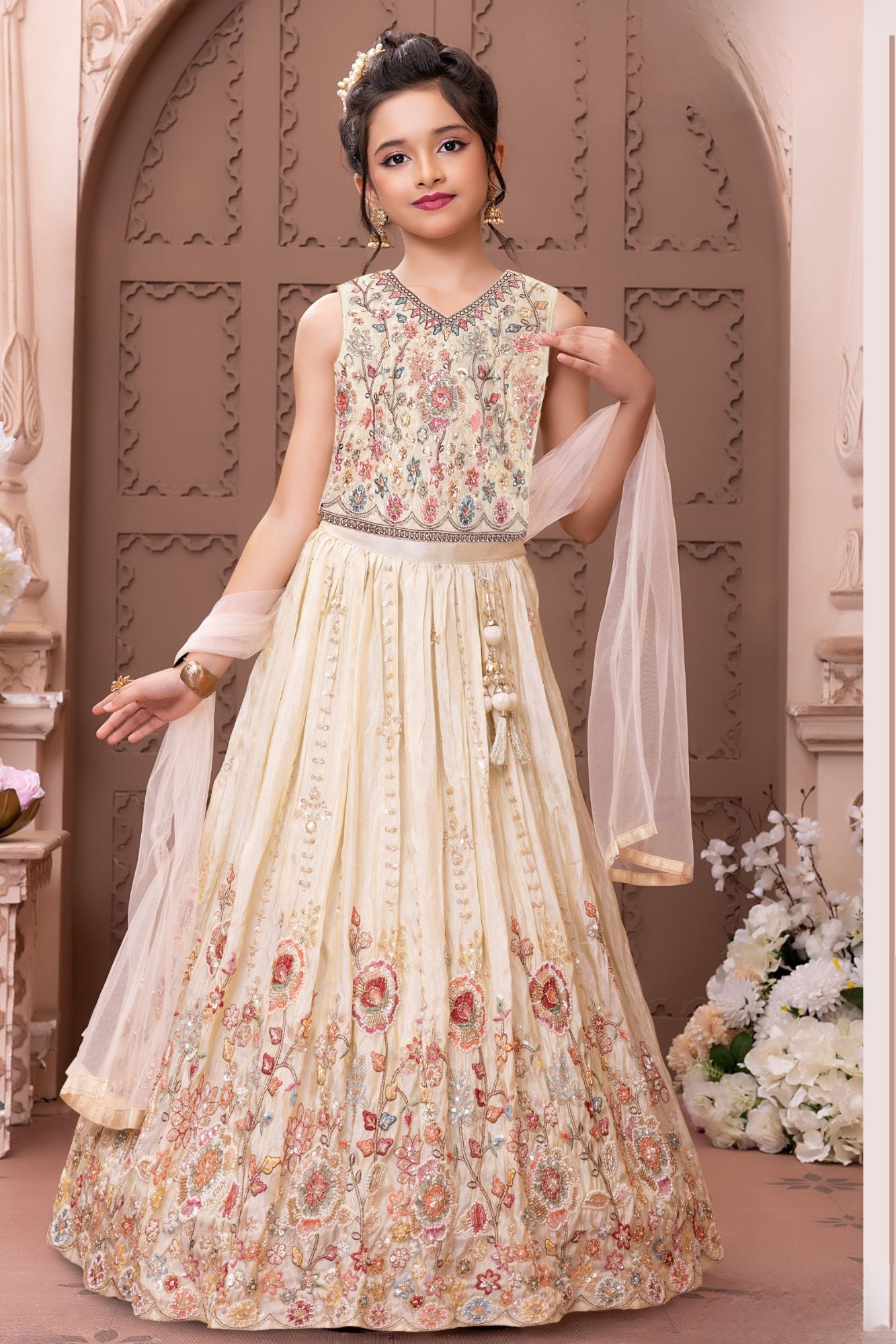 Cream Floral Embroidered Lehenga Choli with Dupatta for Girls