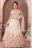 Cream Floral Embroidered Lehenga Choli with Dupatta for Girls