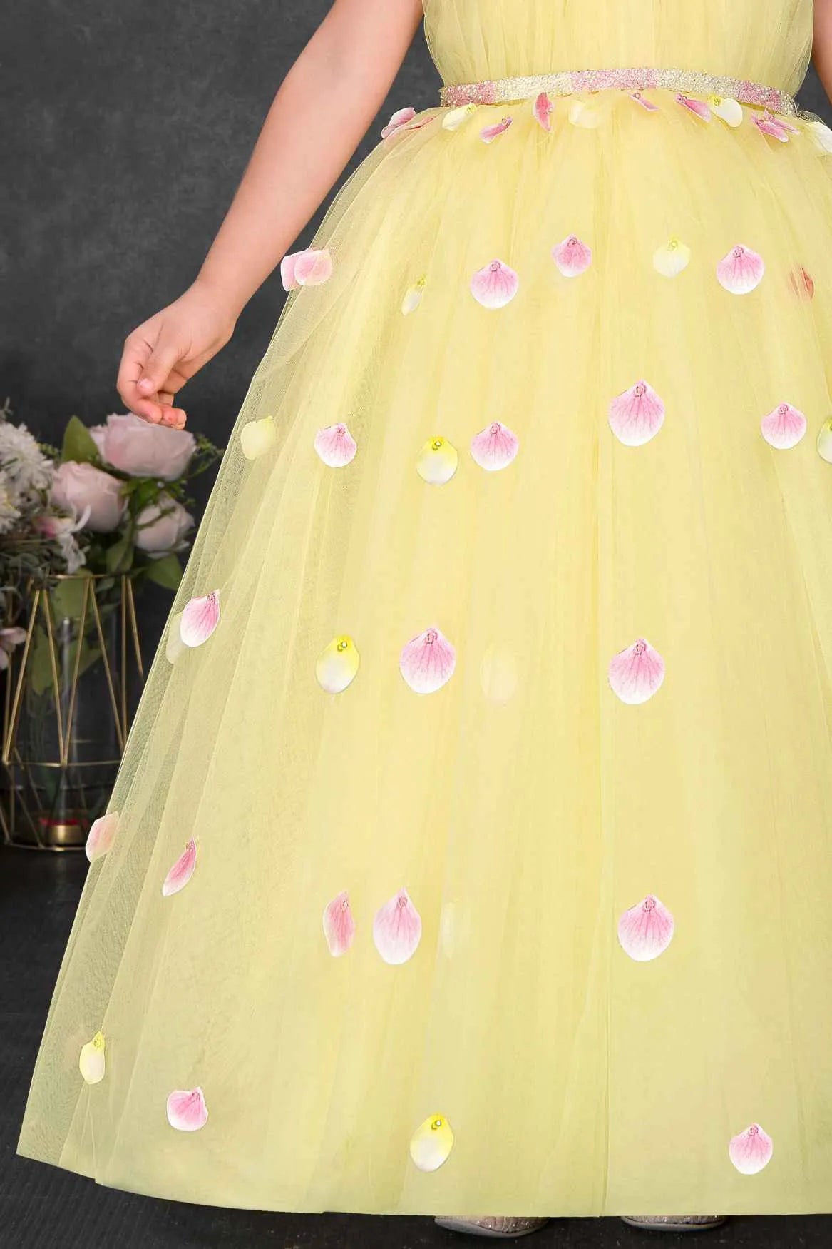 Yellow Floral Petal Embellished Party Gown With Cape Overlay For Girls