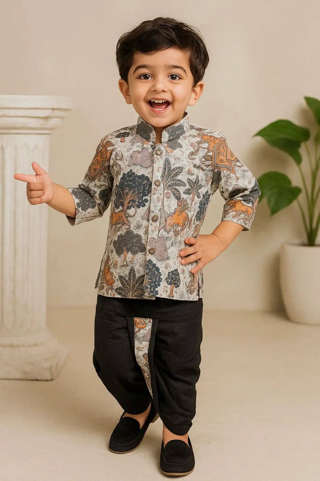 Casual Printed Sequins Embroidered Kurta with Black Dhoti Set For Boys