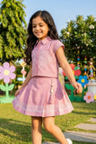 Girls Pink Embroidered Shirt Top and Pleated Skirt Co-Ord Set