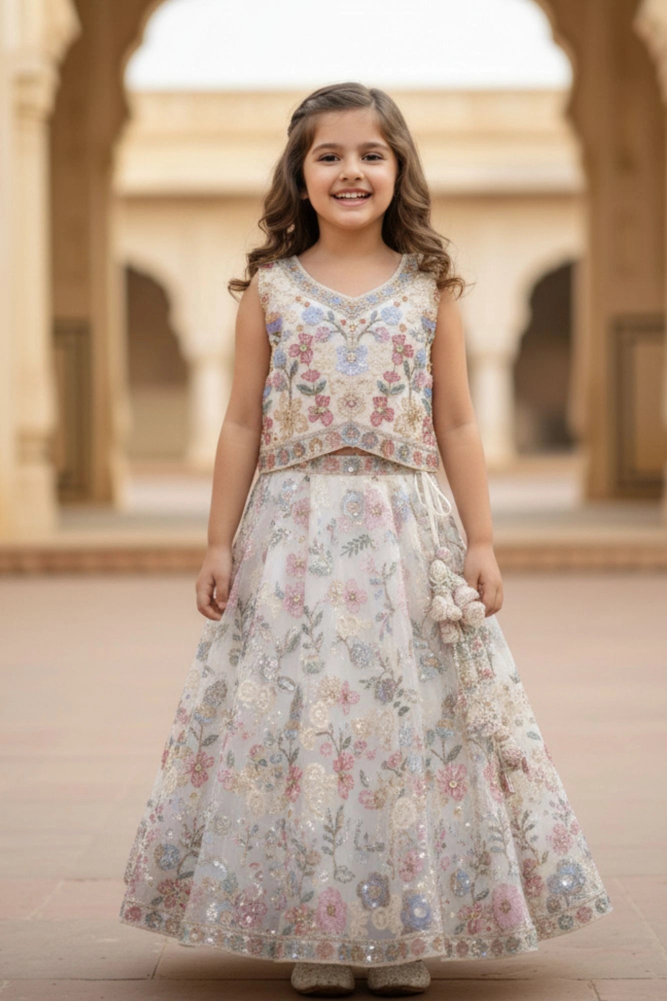 Cream And Pastel Embroidered Lehenga Choli for Girls