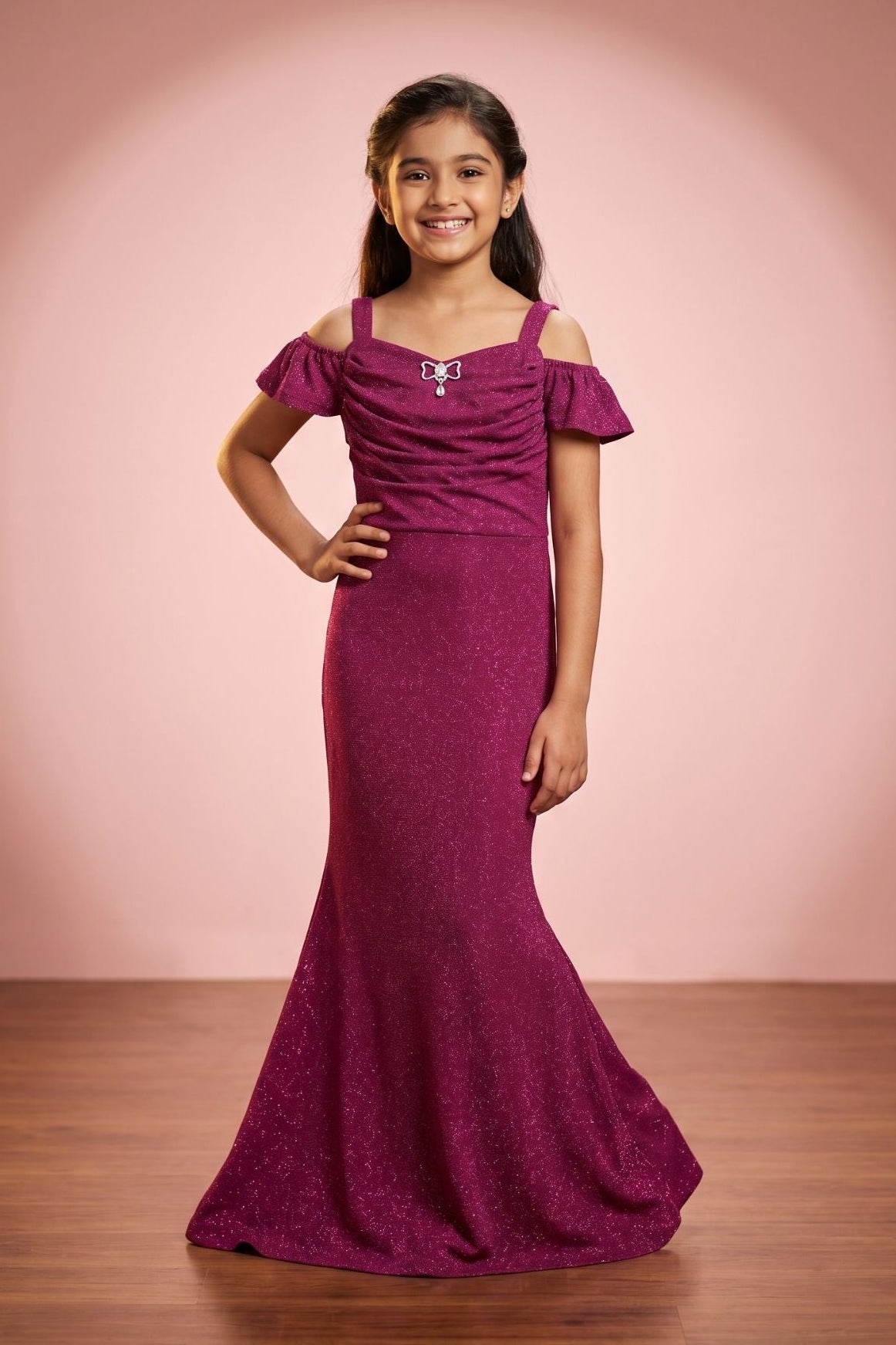 Pink Glitter Cold-Shoulder Mermaid Gown with Matching Arm Sleeves For Girls