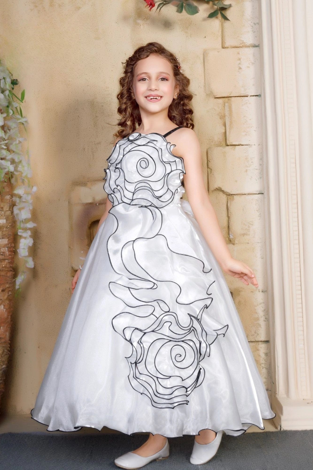 White Spiral 3D Petal Appliqué Party Gown For Girls