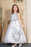 White Spiral 3D Petal Appliqué Party Gown For Girls