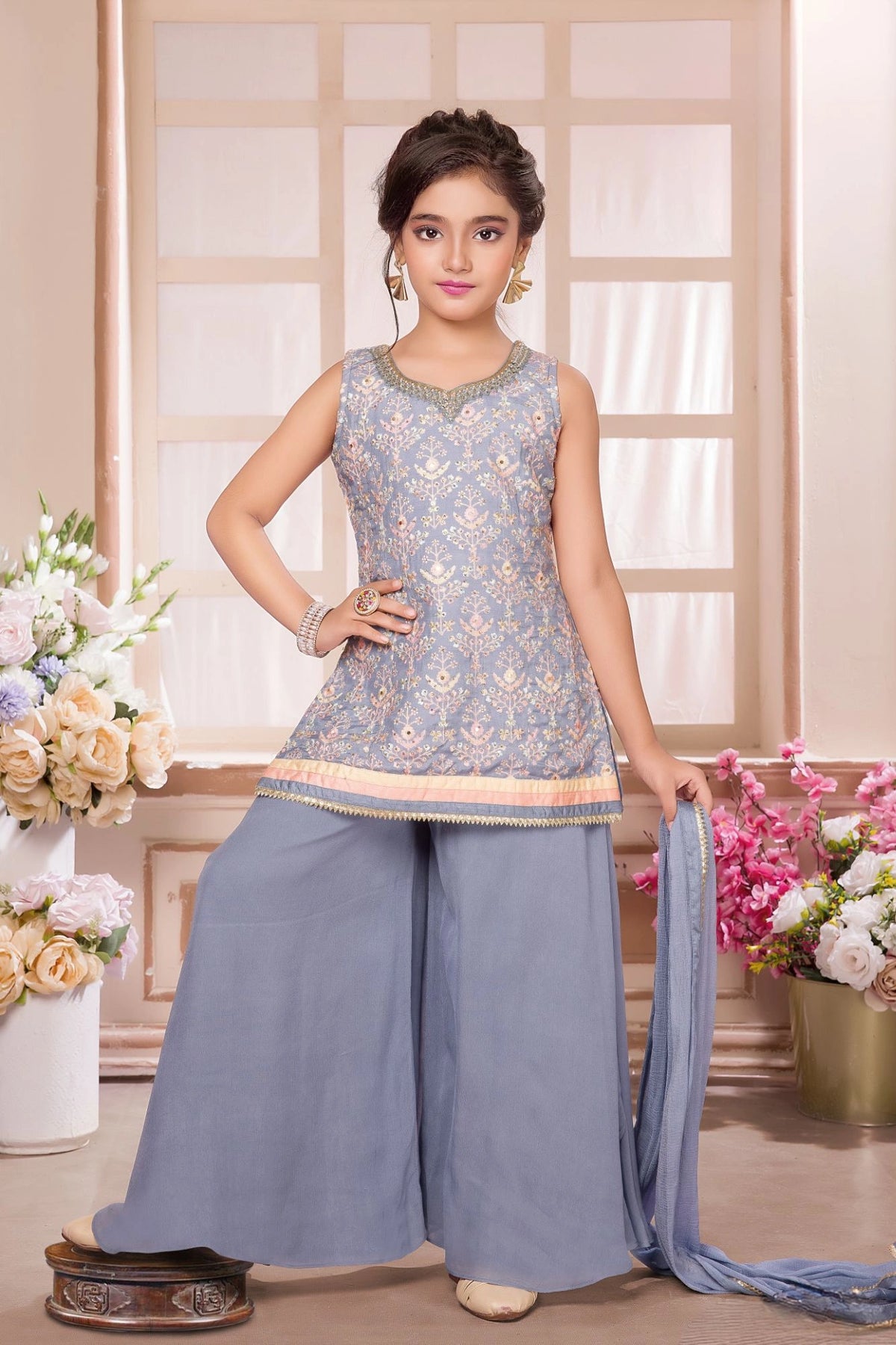 Gray Embroidered Palazzo Set with Dupatta For Girls